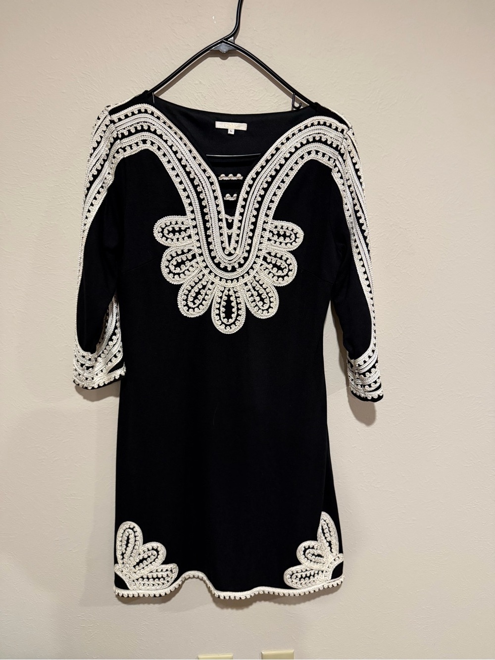 Black Midi Dress with White Crochet Trim - Elegant Women's Dress